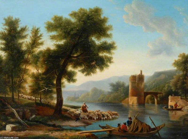 Landscape With A River, Boats, Sheep And A Tower — Frans Swagers