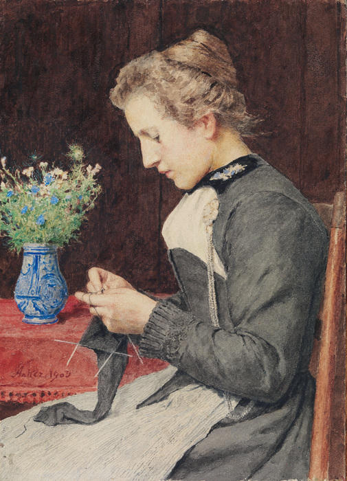 Strickende Junge Frau Mit Blumenstrauss — Albert Samuel Anker
