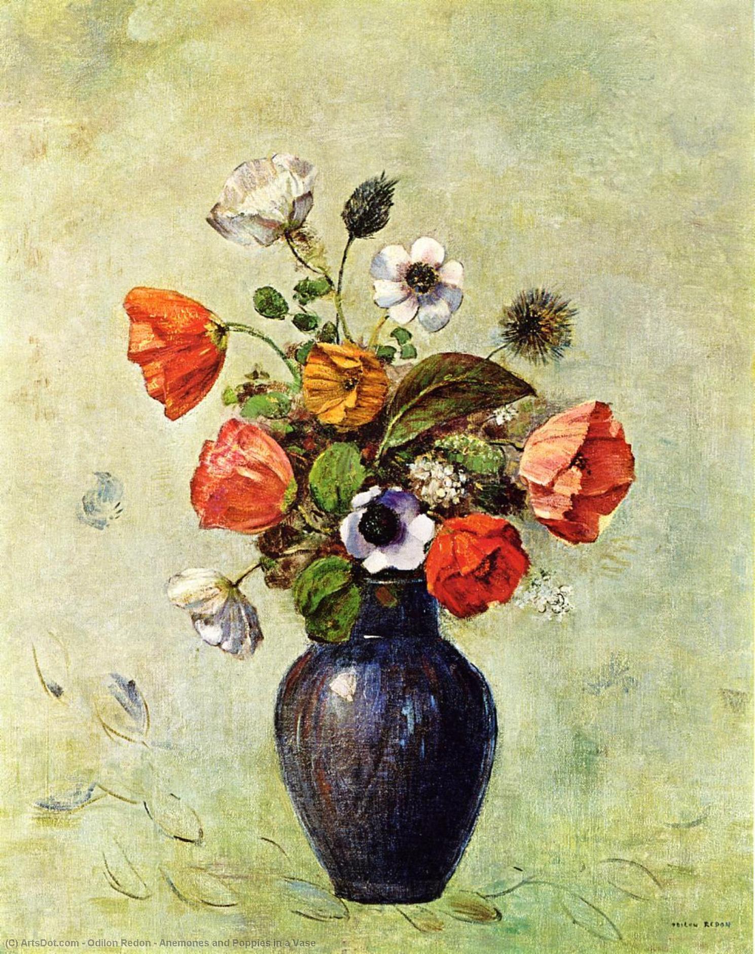 Anemones And Poppies In A Vase — Odilon Redon