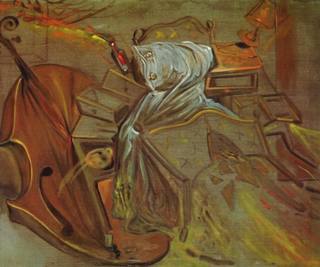 Bed And Two Bedside Tables Ferociously Attacking A Cello, 1983 — Salvador Dalí
