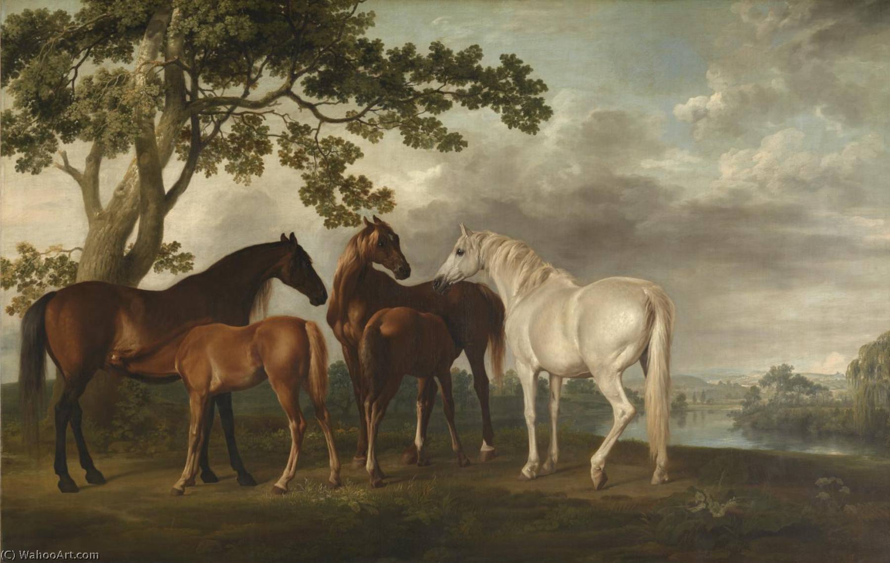 Mares And Foals In A River Landscape — George Stubbs