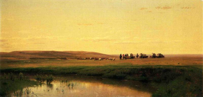 A Wagon Train On The Plains, Platte River — Thomas Worthington Whittredge