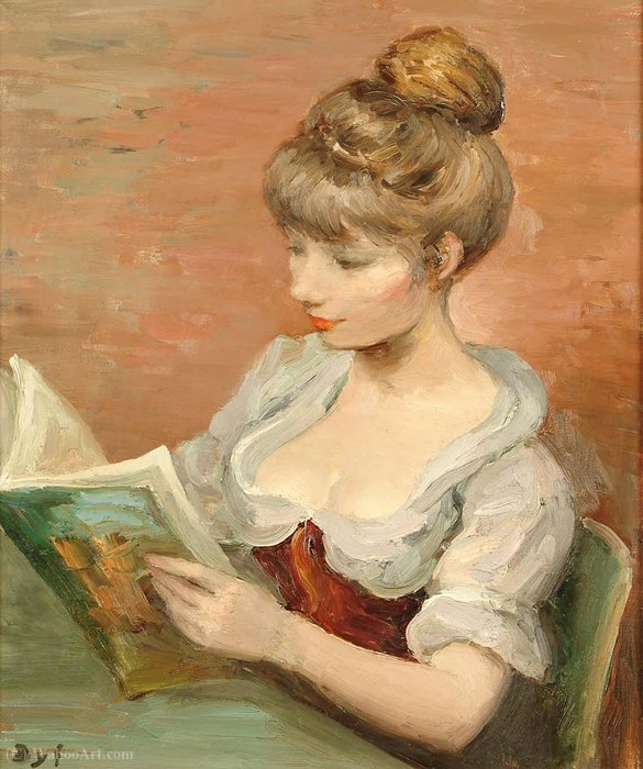 Claudine Reading In A Red Dress — Marcel Dyf