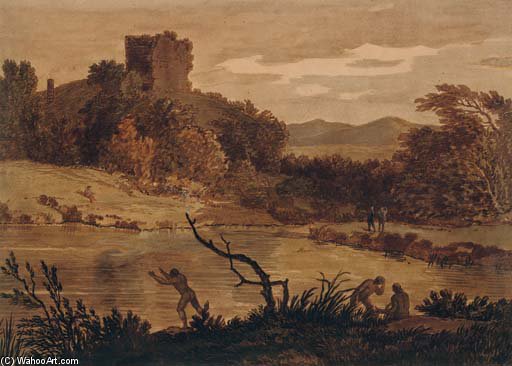 A Landscape With Men Bathing And A Ruined Tower Beyond — Alexander Cozens