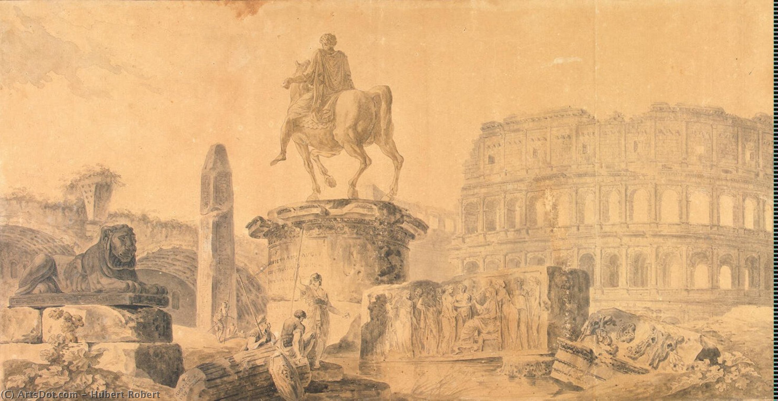 Landscape With The Colosseum And The Monument To Marcus Aurelius — Hubert Robert