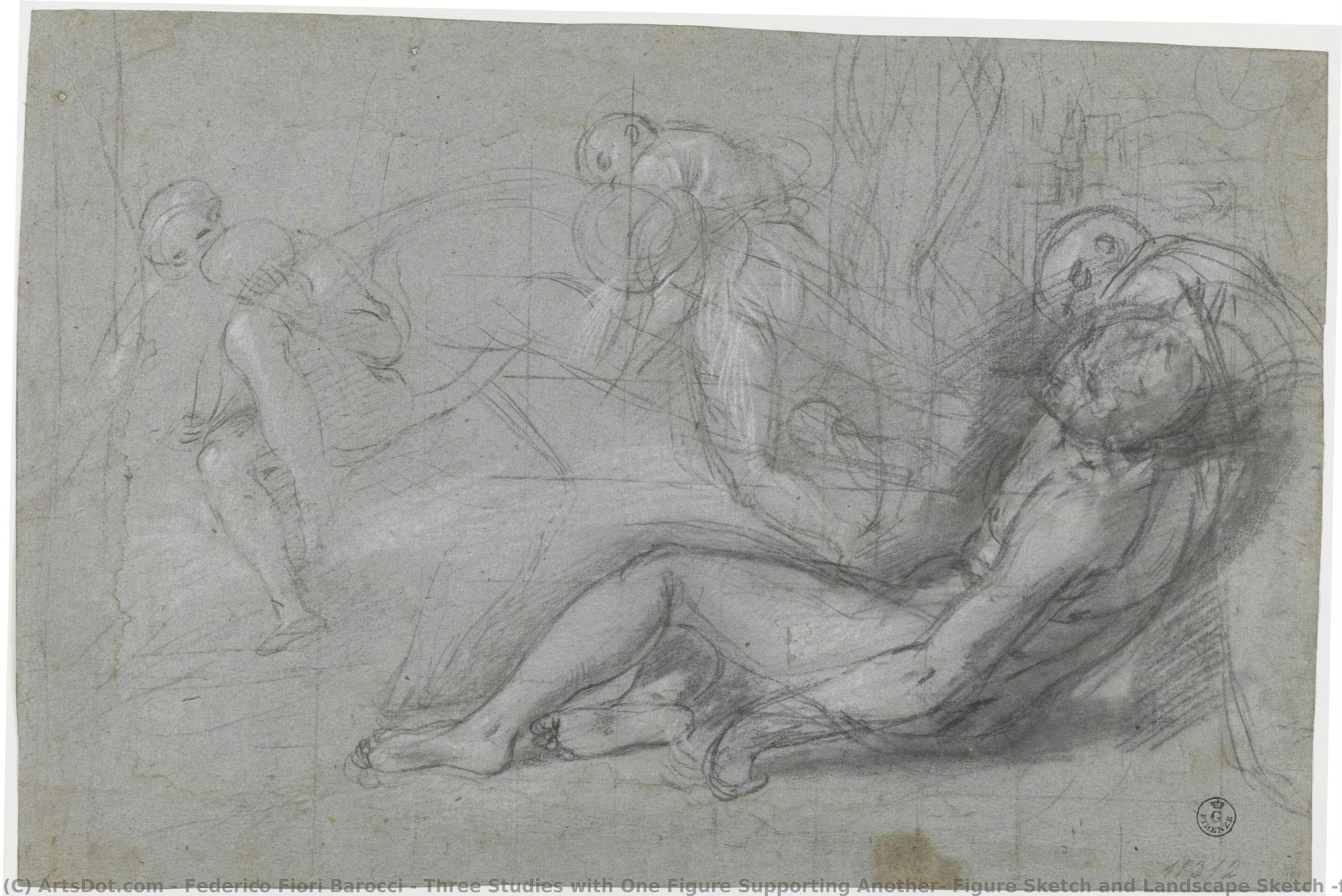 Three Studies With One Figure Supporting Another; Figure Sketch And Landscape Sketch (for “deposition”, Perugia, Cathedral Of San Lorenzo) — Federico Fiori Barocci