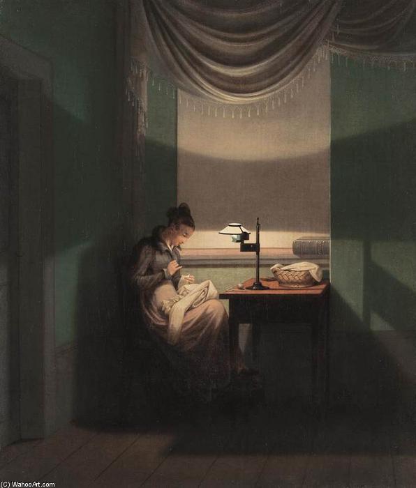 Young Woman Sewing By The Light Of A Lamp — Georg Friedrich Kersting