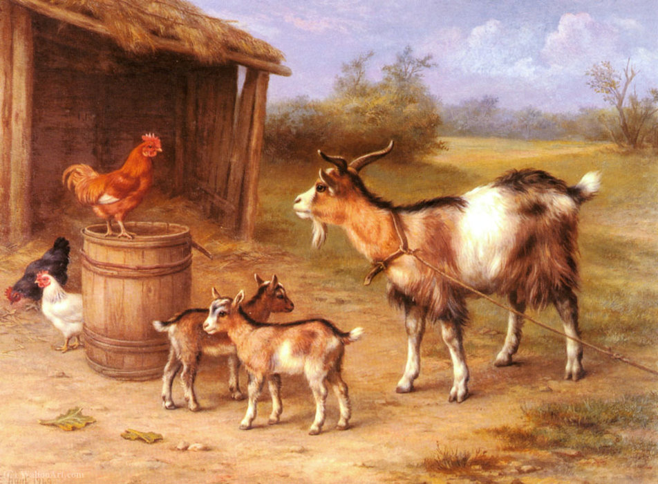 A Farmyard Scene With Goats And Chickens — Edgar Hunt