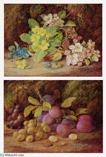 Primroses, Apple Blossom, And A Wicker Basket, On A Mossy Bank; And Plums And Grapes On A Mossy Bank — Vincent Clare