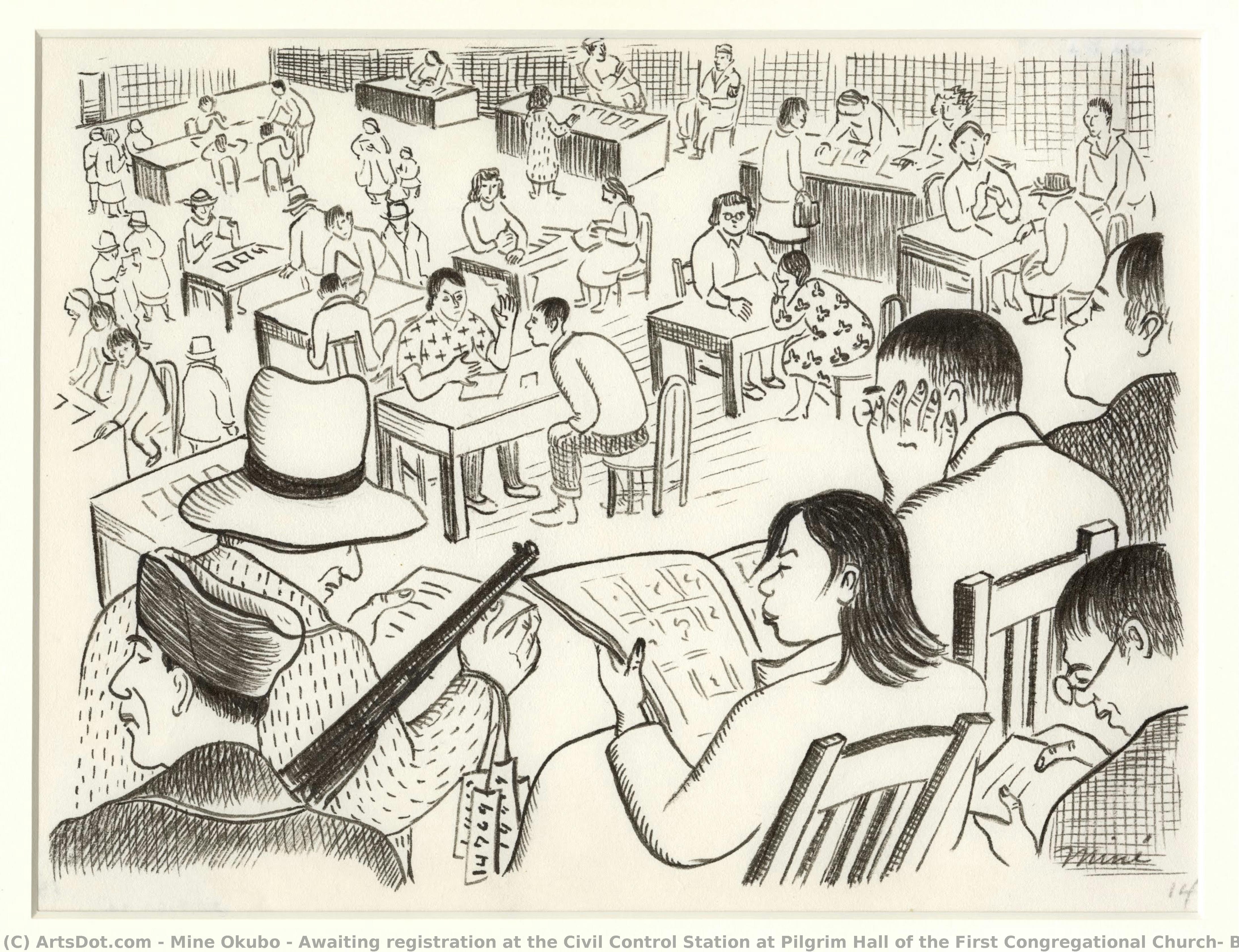 Awaiting Registration At The Civil Control Station At Pilgrim Hall Of The First Congregational Church, Berkeley, California, 1942 — Miné Okubo