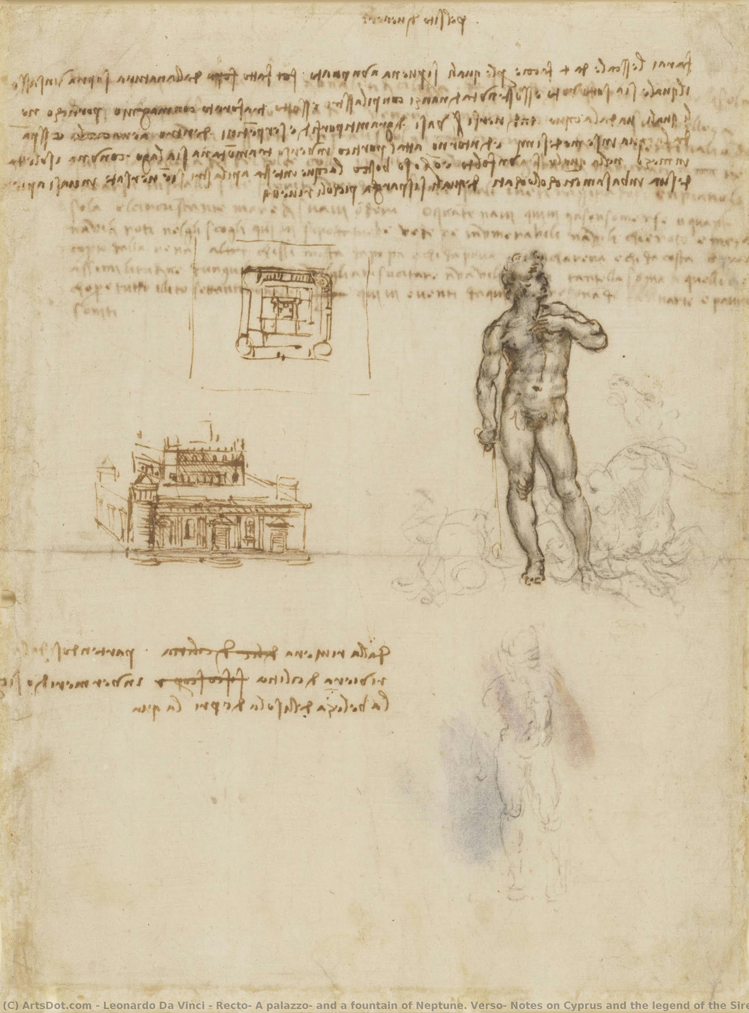 Recto: A Palazzo, And A Fountain Of Neptune. Verso: Notes On Cyprus And The Legend Of The Sirens — Leonardo Da Vinci