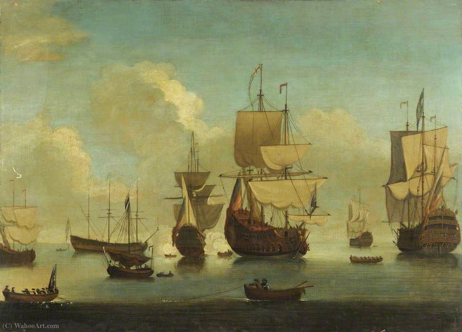 English Warships At Anchor In A Calm, Drying Sails — Peter Monamy