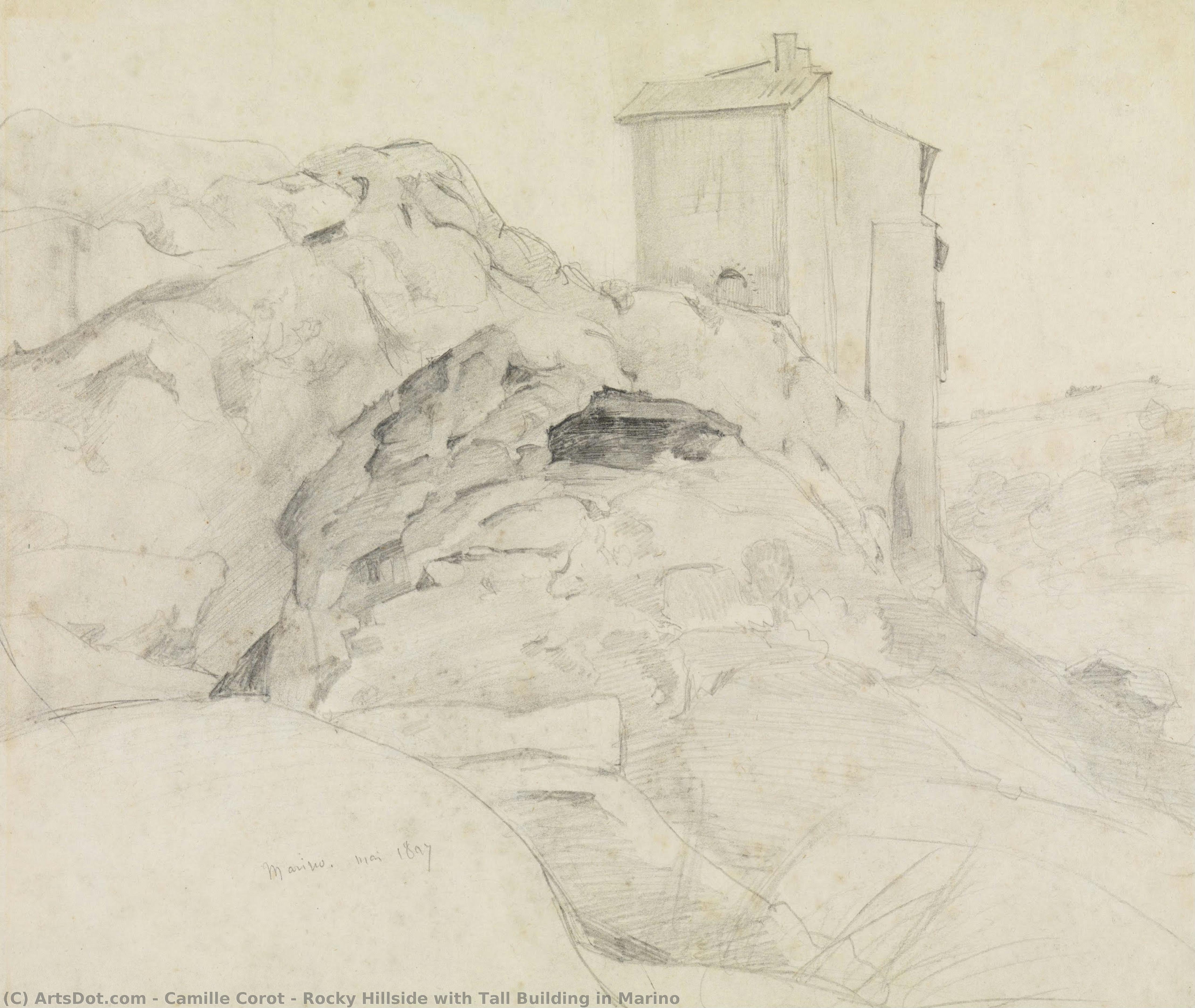 Rocky Hillside With Tall Building In Marino — Jean-baptiste-camille Corot