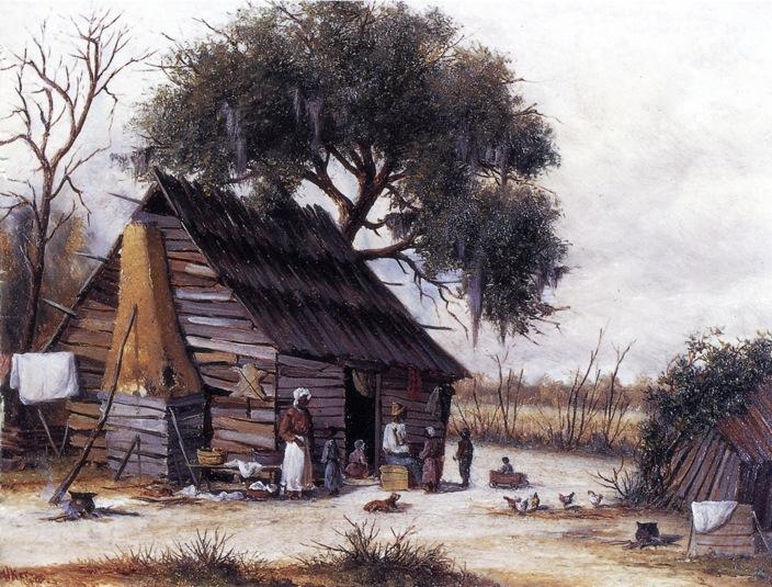 Louisiana Cabin Scene With Stretched Hide On Weatherboard And Stock Chimney Covered With Clay — William Aiken Walker