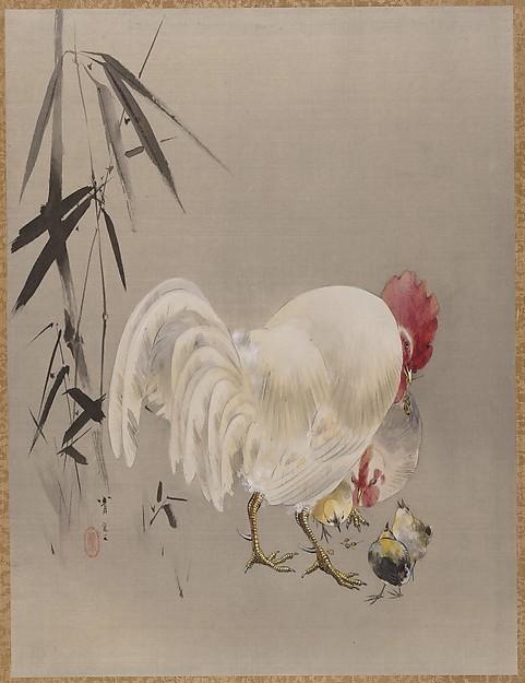 Rooster And Hen With Chicks — Watanabe Seitei