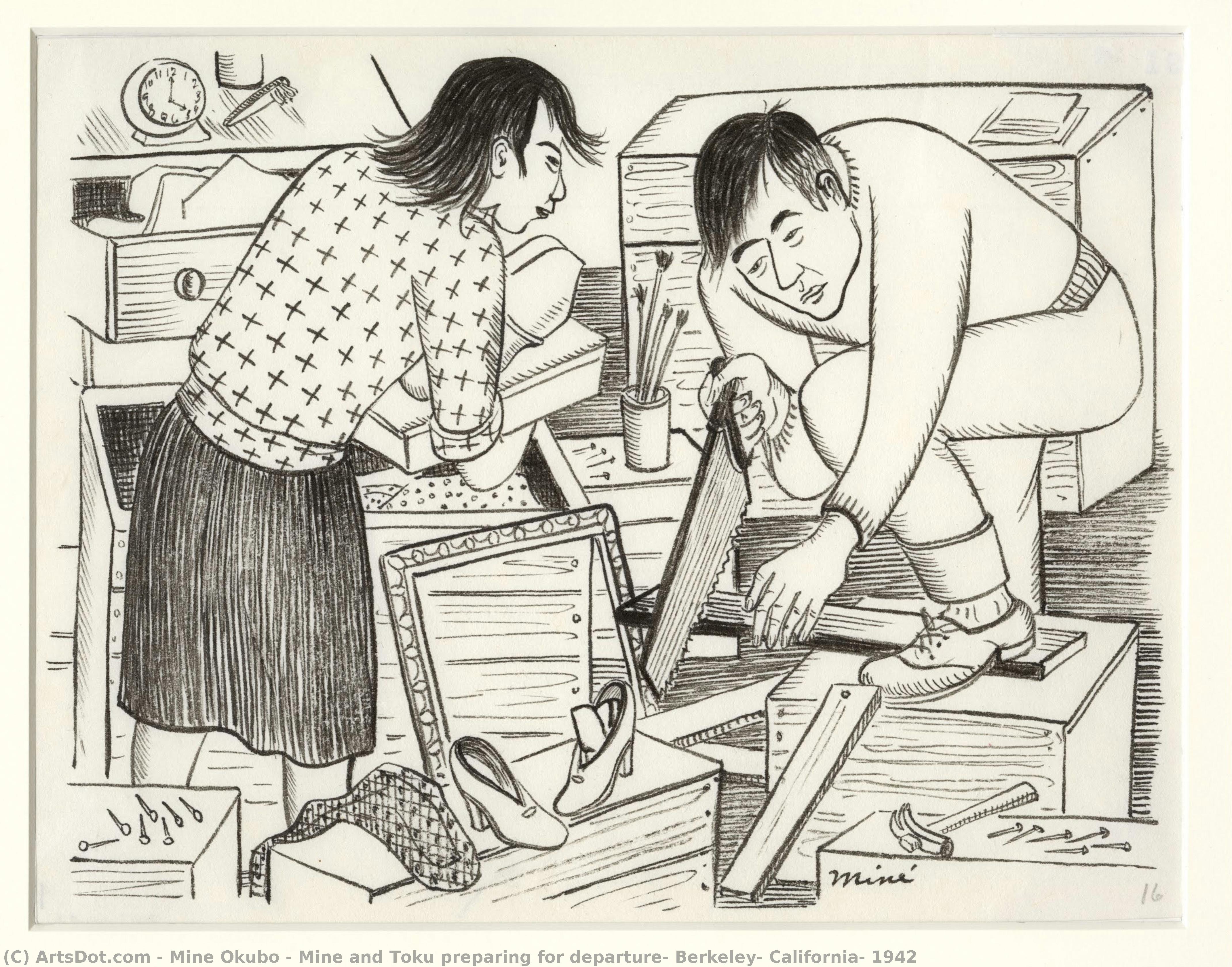 Mine And Toku Preparing For Departure, Berkeley, California, 1942 — Miné Okubo