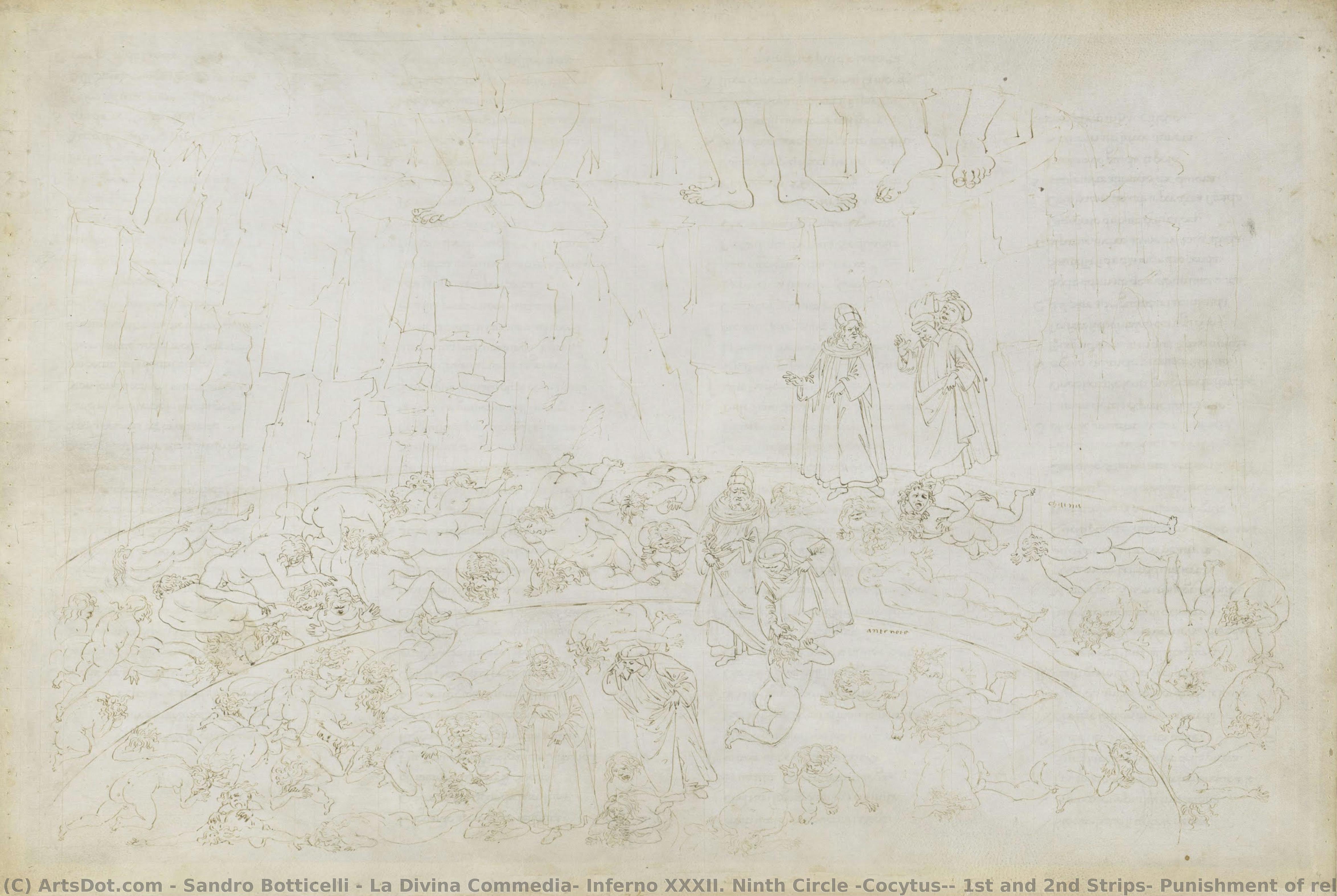 La Divina Commedia, Inferno Xxxii. Ninth Circle (cocytus), 1st And 2nd Strips: Punishment Of Relatives And Fatherland Traitors In The Ice Of The Caina And Antenora — Sandro Botticelli