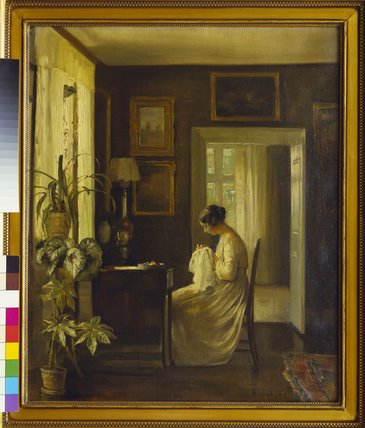 An Interior With A Woman Sewing — Carl Vilhelm Holsoe