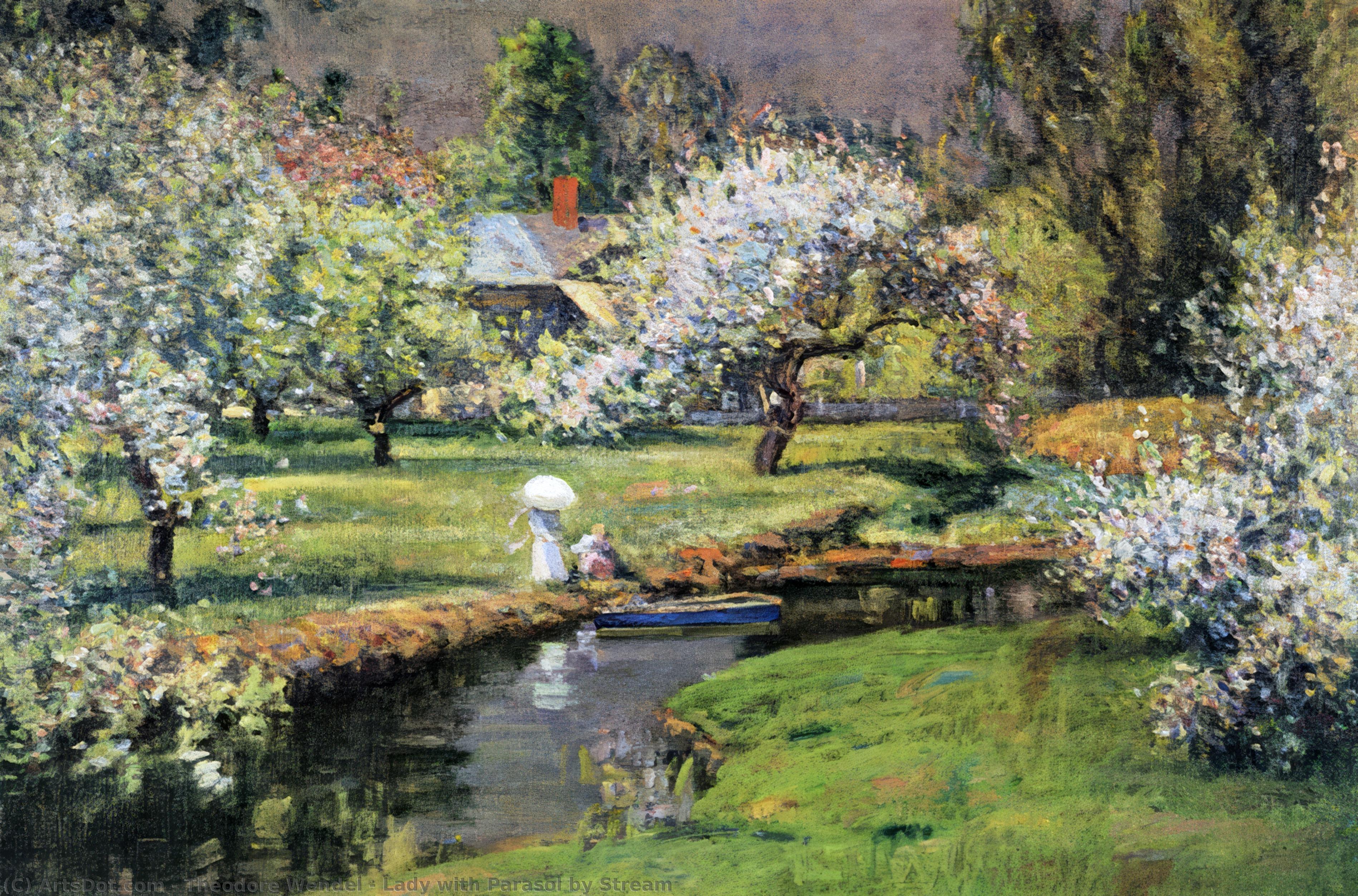 Lady With Parasol By Stream — Theodore Wendel