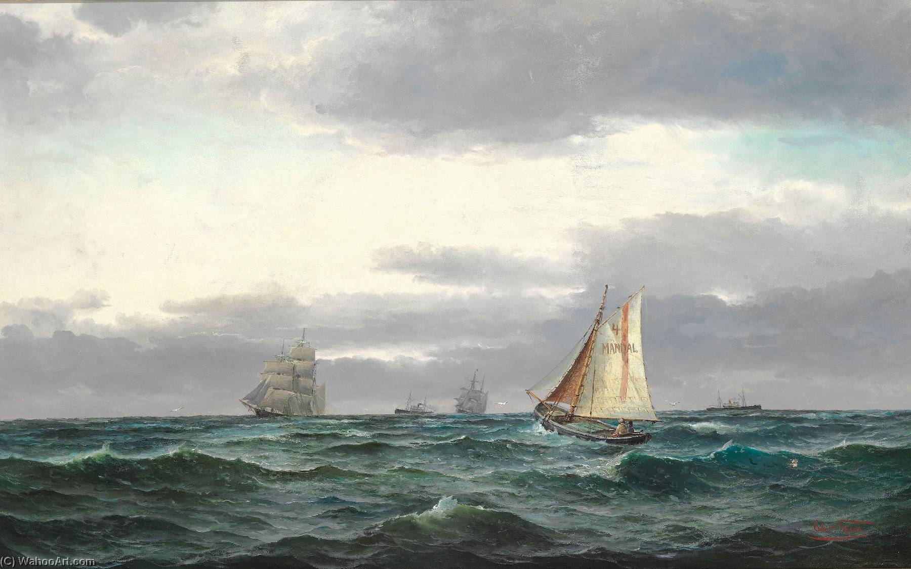 Marine With Several Ships, Gray Rainy Clouds And A Bit Of Blue Sky — Edvard Skari