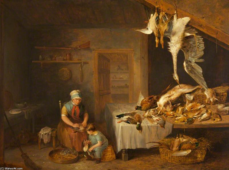 Game Herder With Dead Game, An Old Woman Plucking A Partridge And A Boy — Benjamin Blake