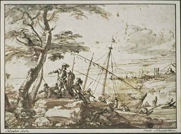 Soldiers Disembarking From A Galley, With A Port In The Distance — Salvator Rosa