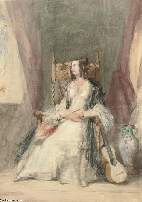 An Elegant Seated Lady With A Spanish Guitar — William Knight Keeling