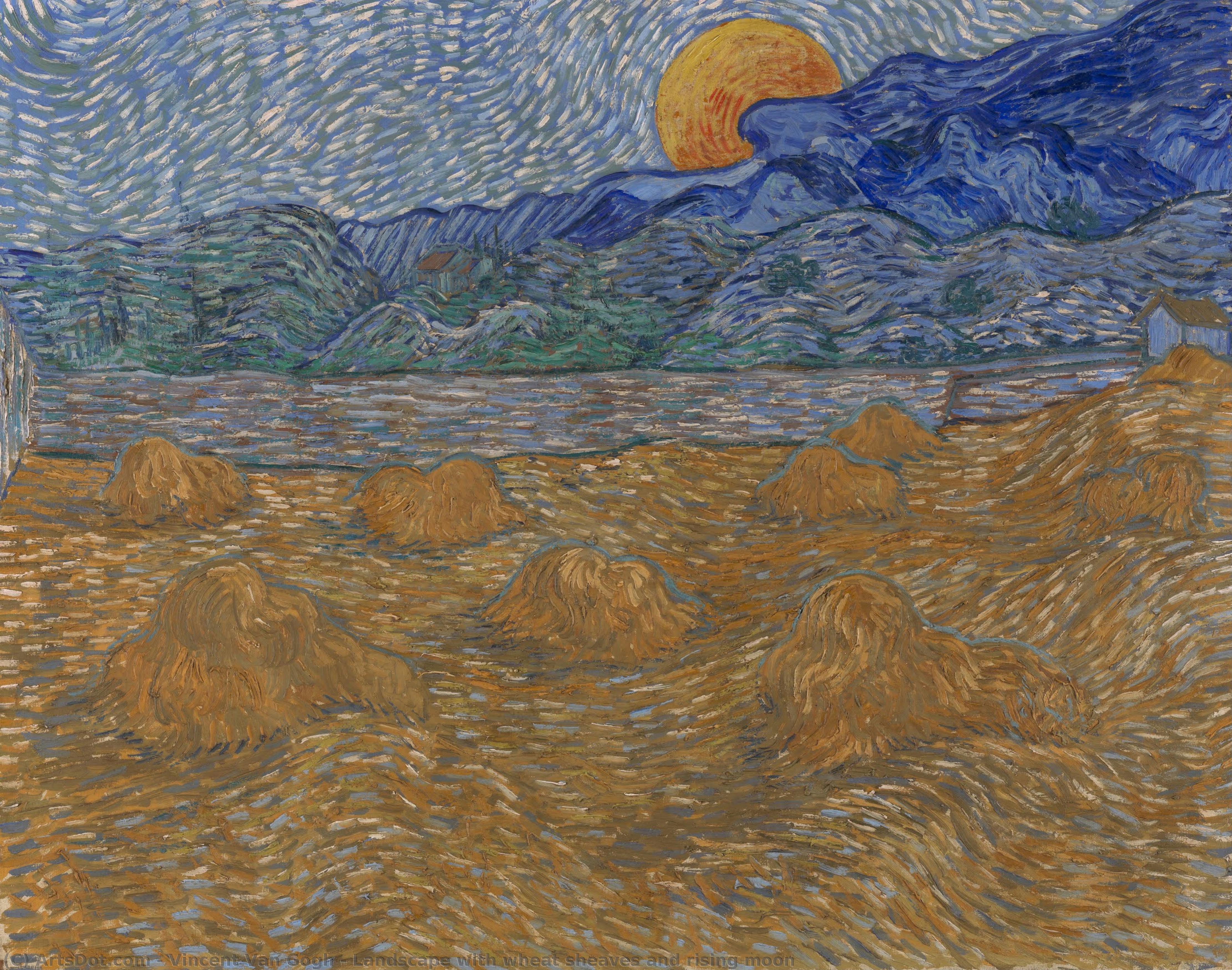 Landscape With Wheat Sheaves And Rising Moon — Vincent Willem Van Gogh