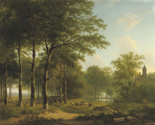 A Shepherd And His Flock On Castle Grounds — Andreas Schelfhout