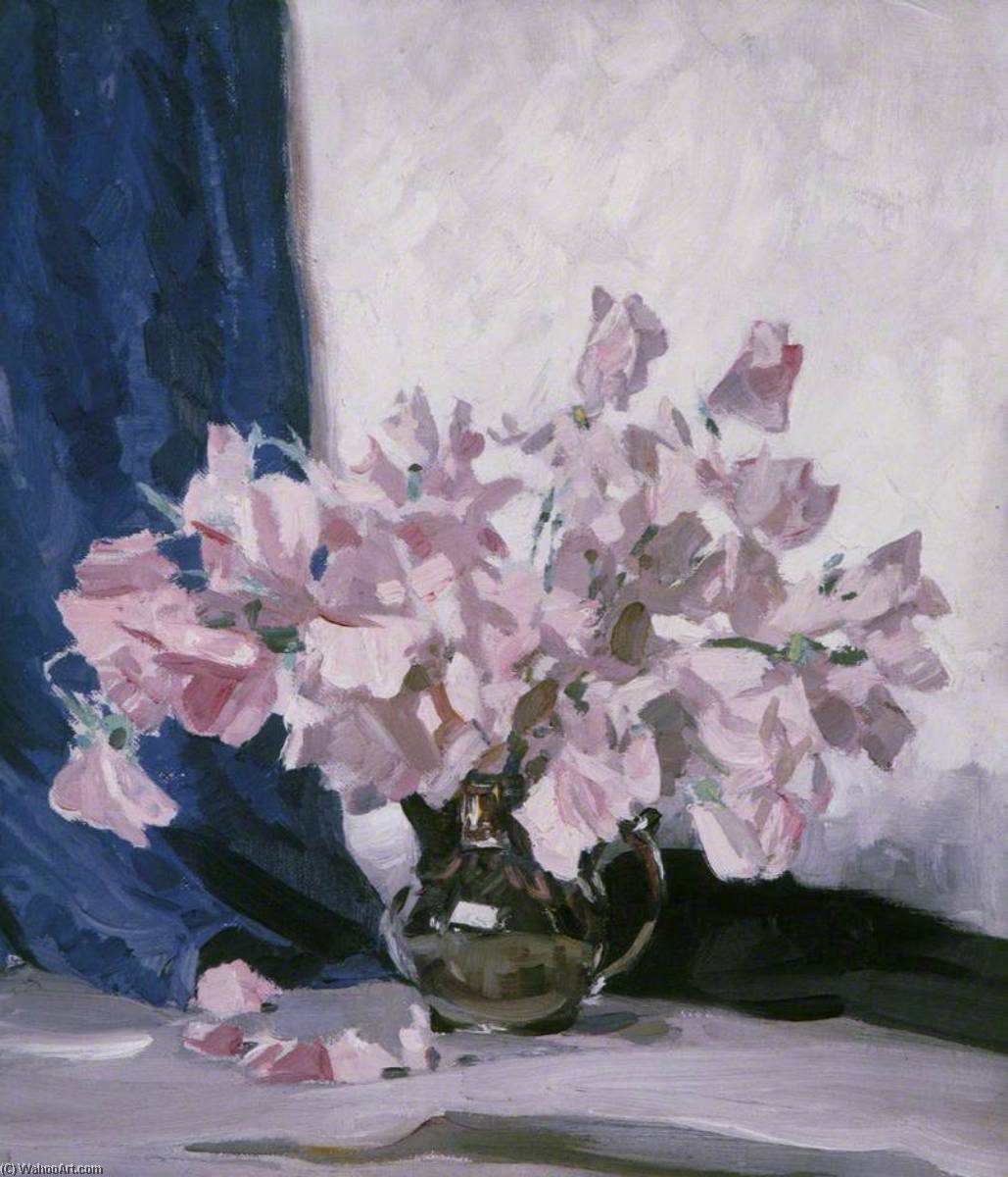 Pink Flowers And Blue Curtain — Stanley Cursiter
