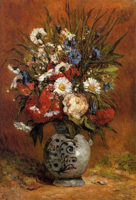 Daisies And Peonies In A Blue Vase — Eugène Henri Paul Gauguin