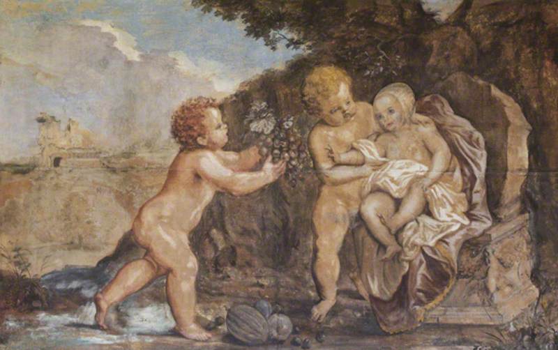 Two Putti Offering A Baby A Bunch Of Grapes — Franz Cleyn