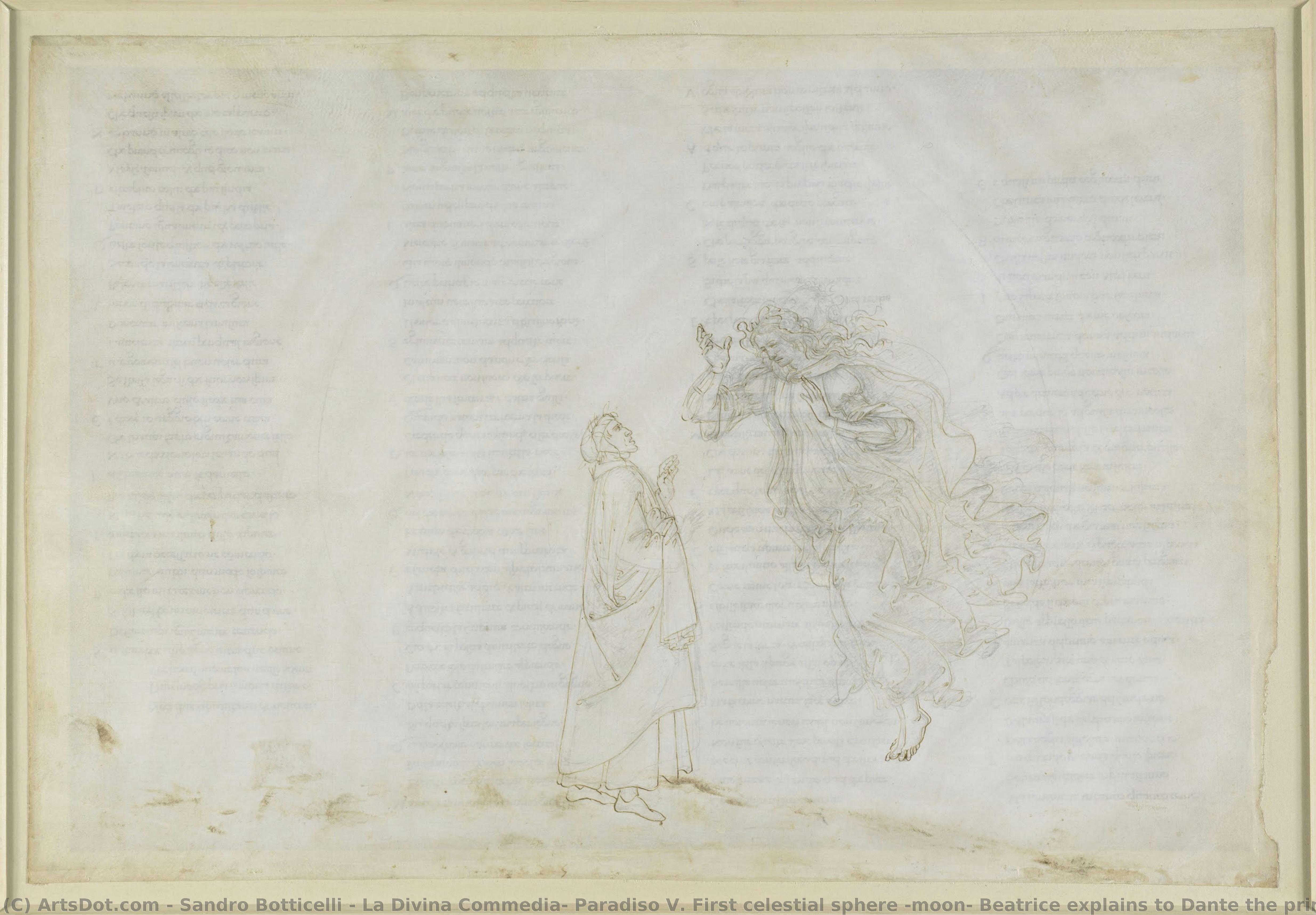 La Divina Commedia, Paradiso V. First Celestial Sphere (moon) Beatrice Explains To Dante The Principles Of Ecclesiastical Dispensation; Flight To The Sphere Of Mars — Sandro Botticelli