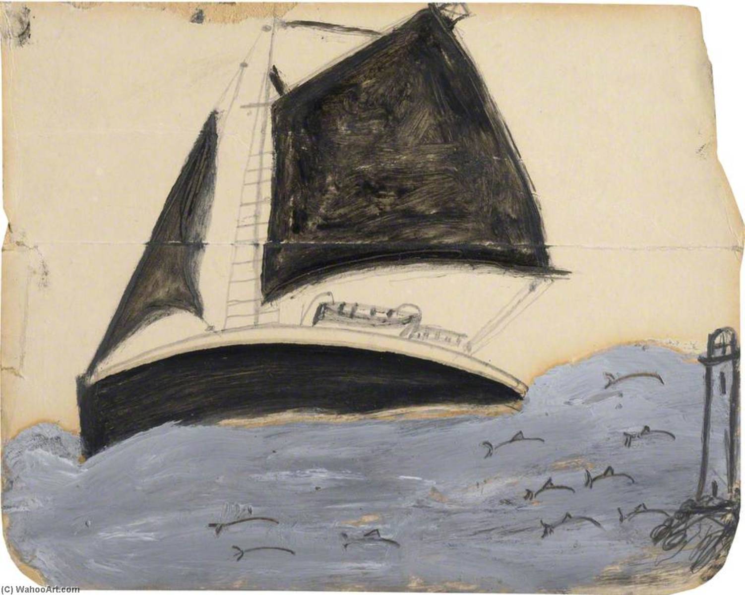 Sailing Ship And Porpoises — Alfred Wallis