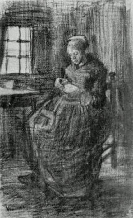 Interior With Peasant Woman Sewing — Vincent Willem Van Gogh