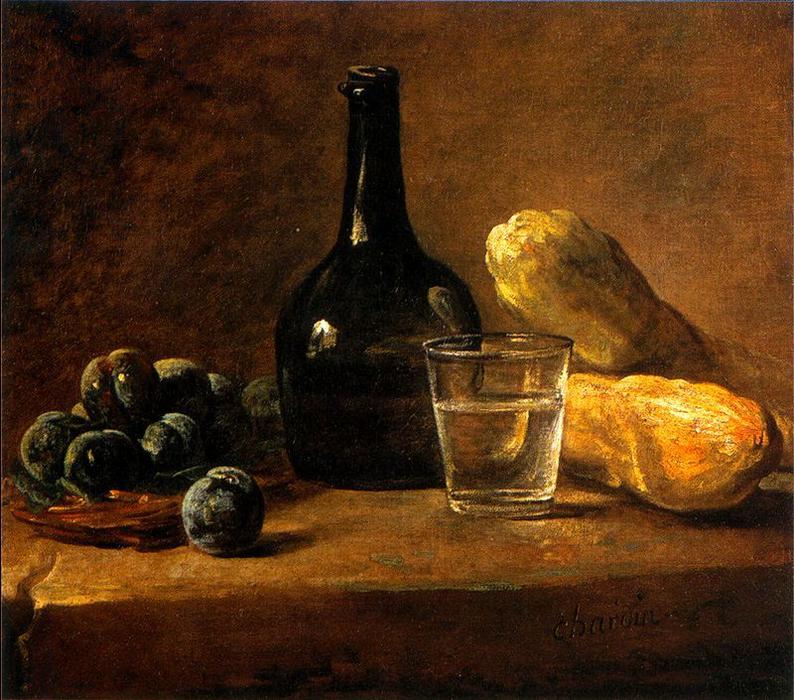 Panier De Prunes, Bouteille, Verre À Demi Lein D'eau Et Deux Concombres — Jean-baptiste-siméon Chardin