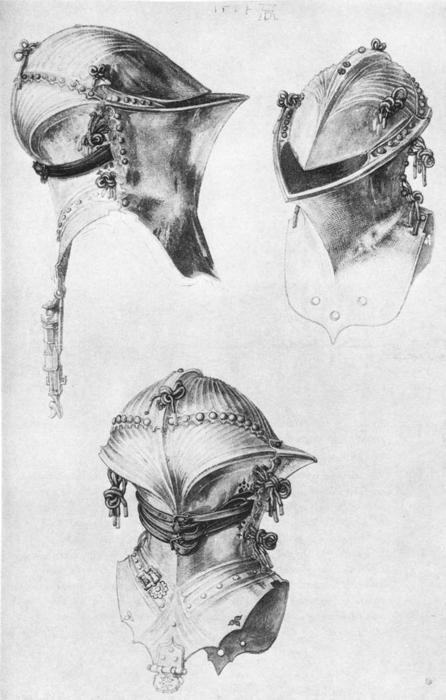 Side, Front, And Back View Of A Helmet — Albrecht Dürer