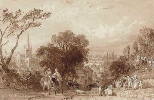 A Busy Darlington Road With St. Cuthbert's Church In The Distance — Thomas Allom