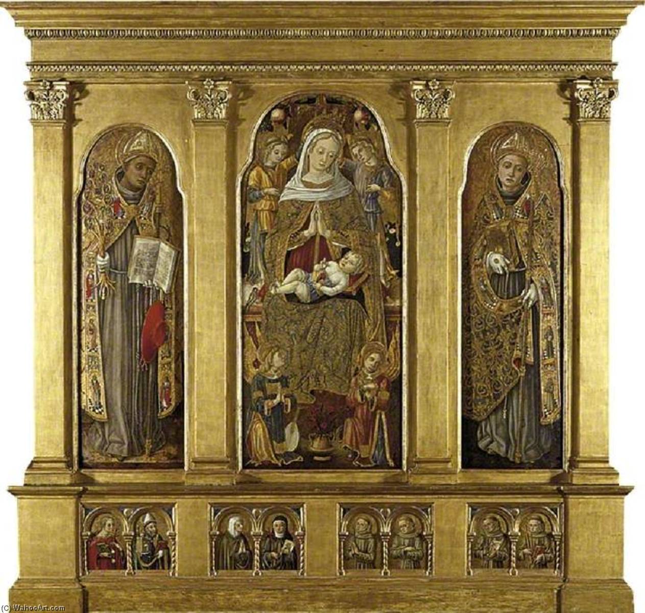 Virgin And Child Enthroned St Bonaventura (left) St Louis Of Toulouse (right) St Agatha And St Augustine, An Unidentified Female Franciscan St And St Clare Of Assisi, Four Male Franciscan Saints (below) — Vittore Crivelli