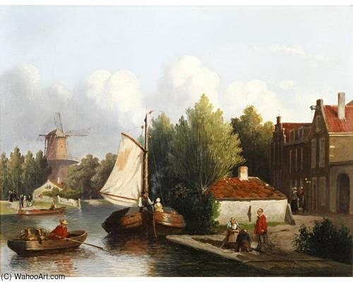 Dutch River Landscape With Figures And Barges — Joseph Bles