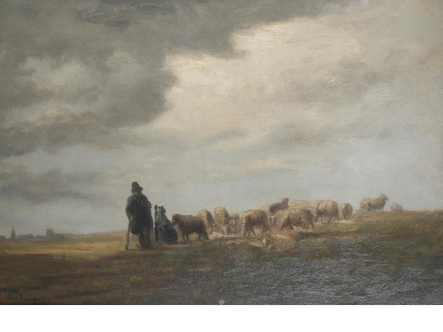 Shepherd And His Flock In An Open Landscape — Cornelis Van Leemputten