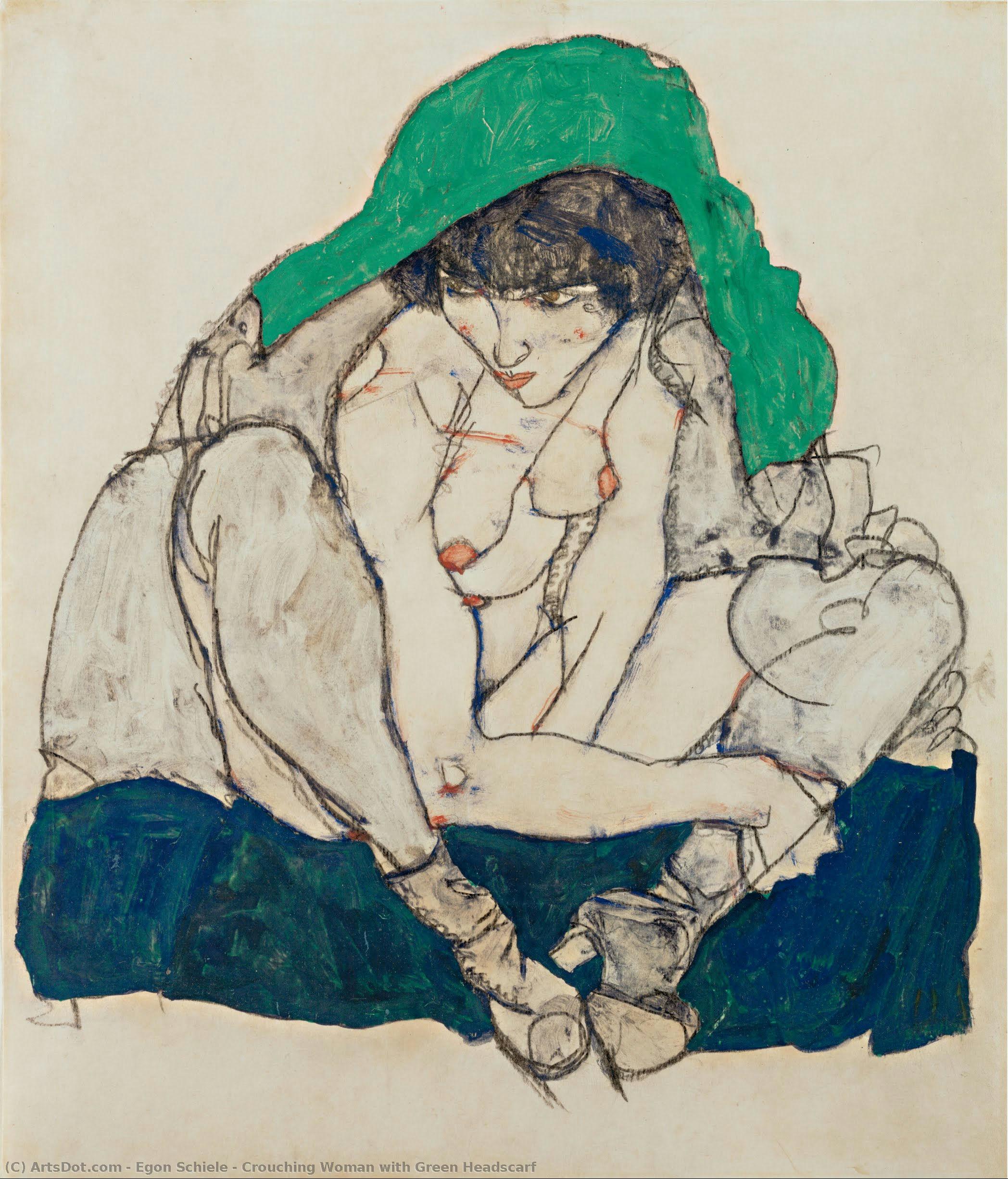 Crouching Woman With Green Headscarf — Egon Schiele