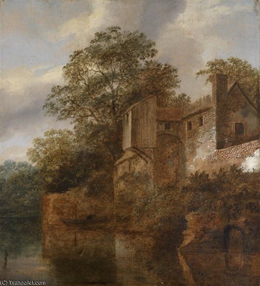 Bewaldetes Flussufer Mit Einem Bauwerk — Cornelius Decker