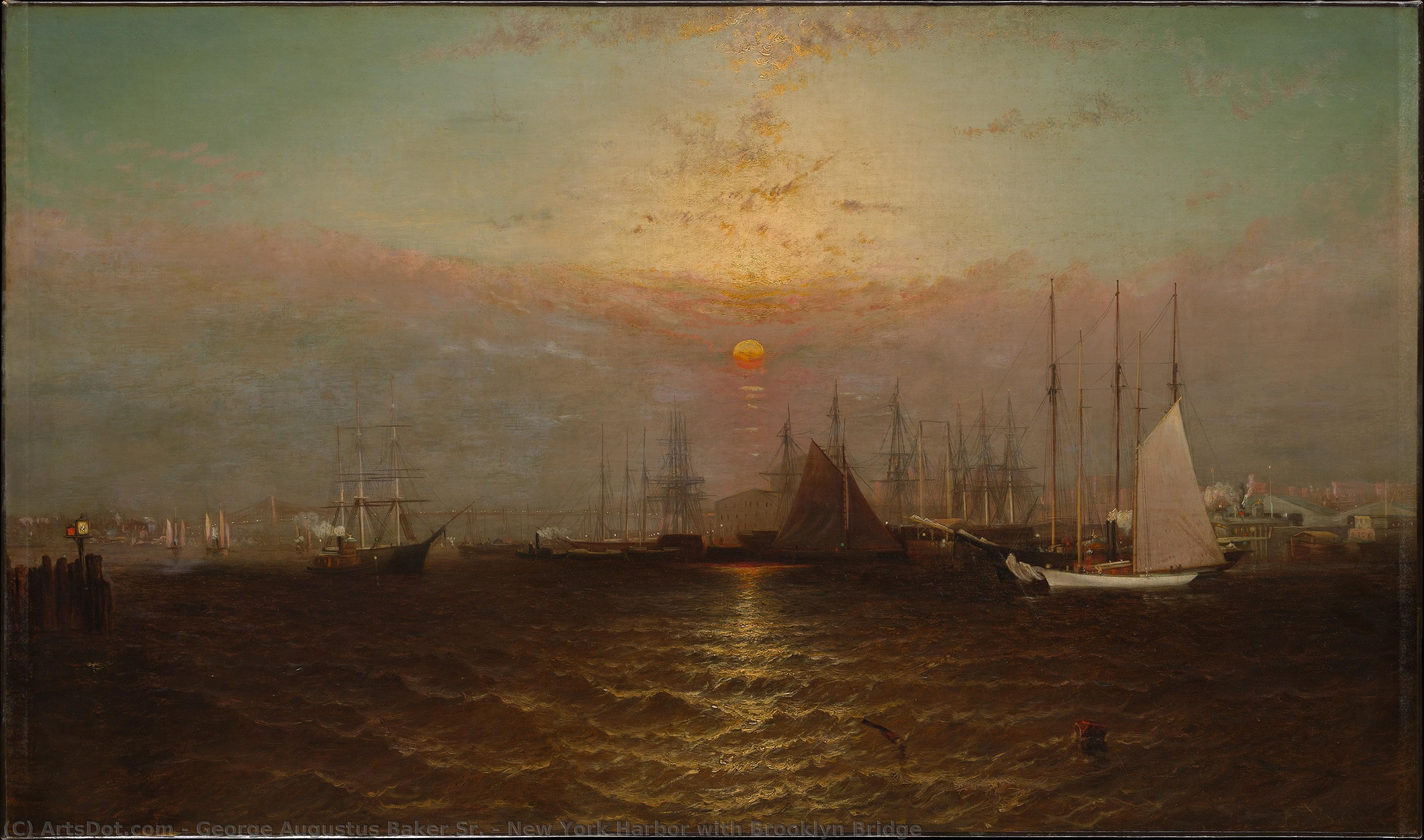 New York Harbor With Brooklyn Bridge — George Augustus Baker Sr.