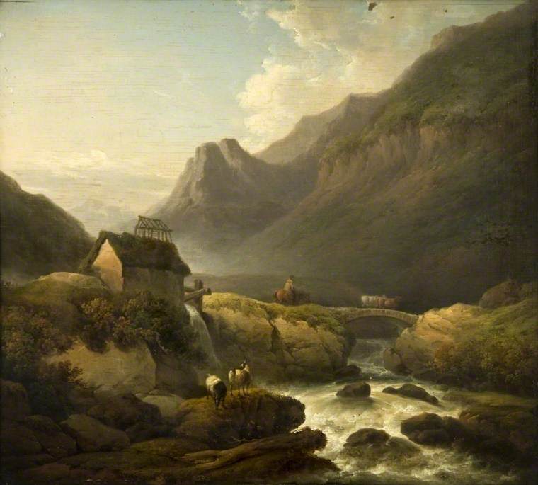A Mountain Stream With A Peasant Driving Cattle Over A Rustic Bridge — John Rathbone