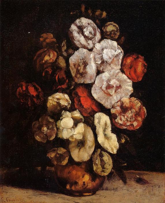Hollyhocks In A Copper Bowl — Gustave Courbet