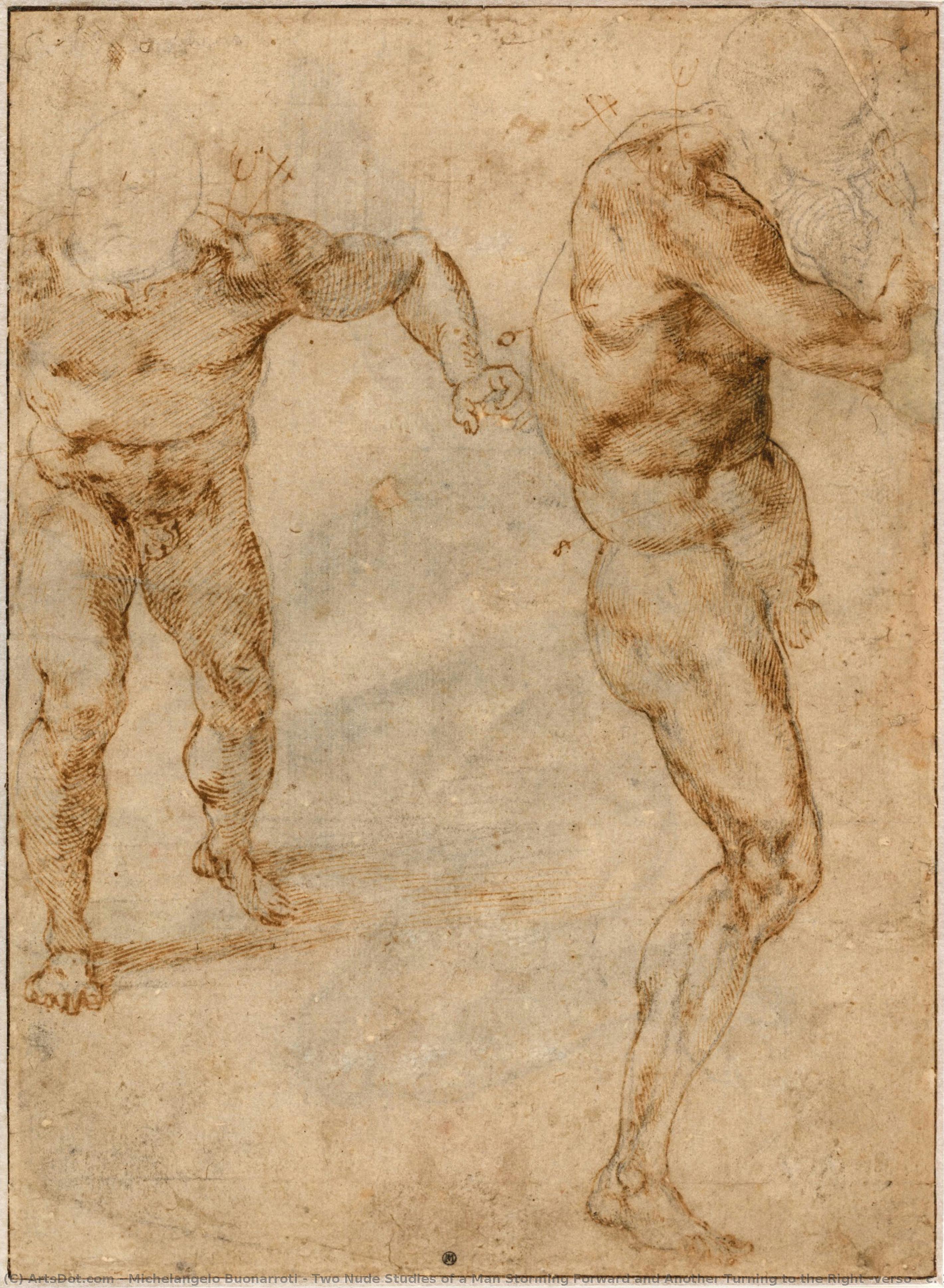 Two Nude Studies Of A Man Storming Forward And Another Turning To The Right (verso), C. 1504 — Michelangelo Buonarroti