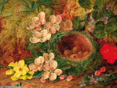 A Bird's Nest With Apple Blossom And Primulas On A Mossy Bank — Vincent Clare