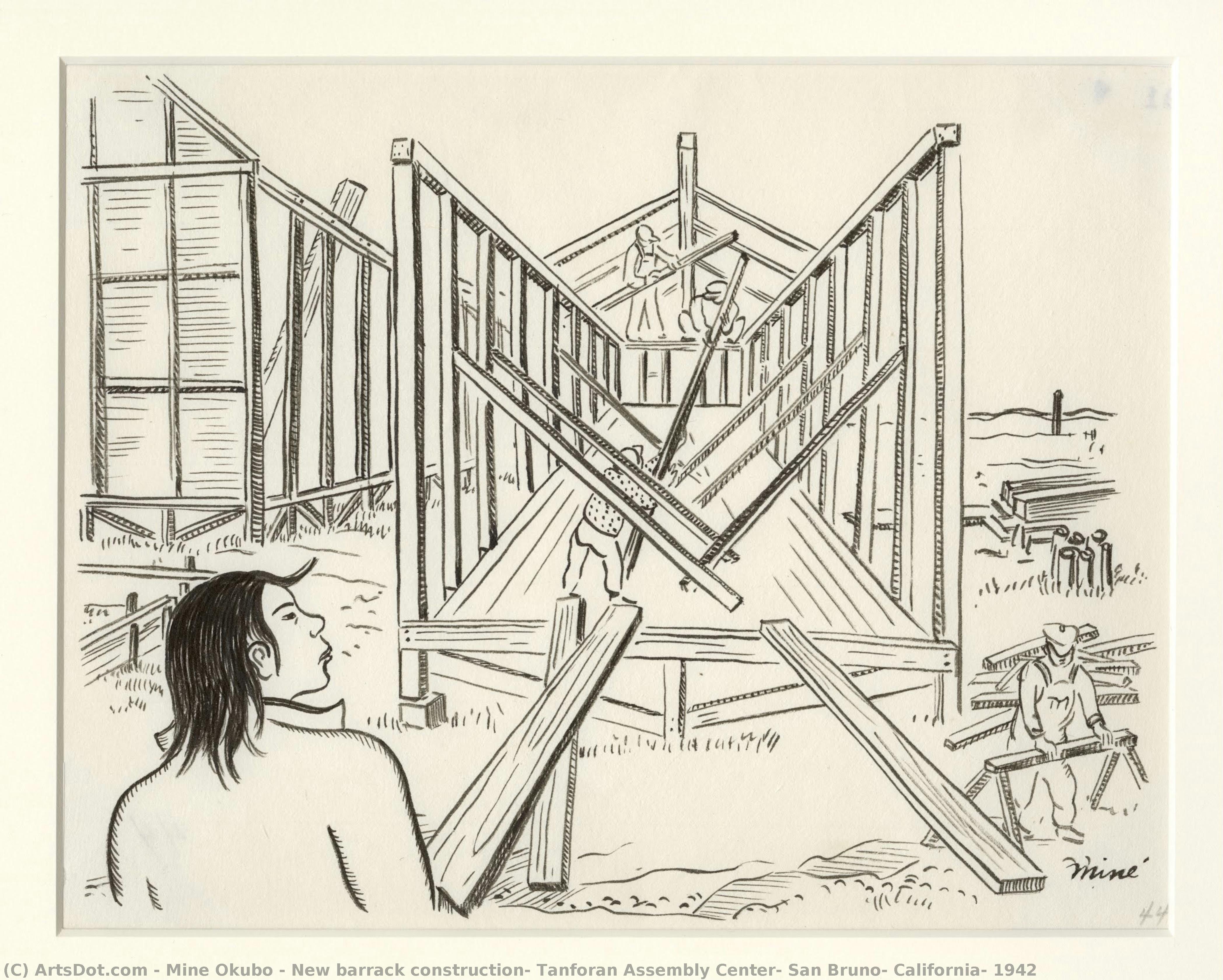New Barrack Construction, Tanforan Assembly Center, San Bruno, California, 1942 — Miné Okubo