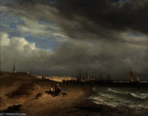 Figures On The Beach At Scheveningen Watching The Fishing Fleet Return — Alfred George Stannard